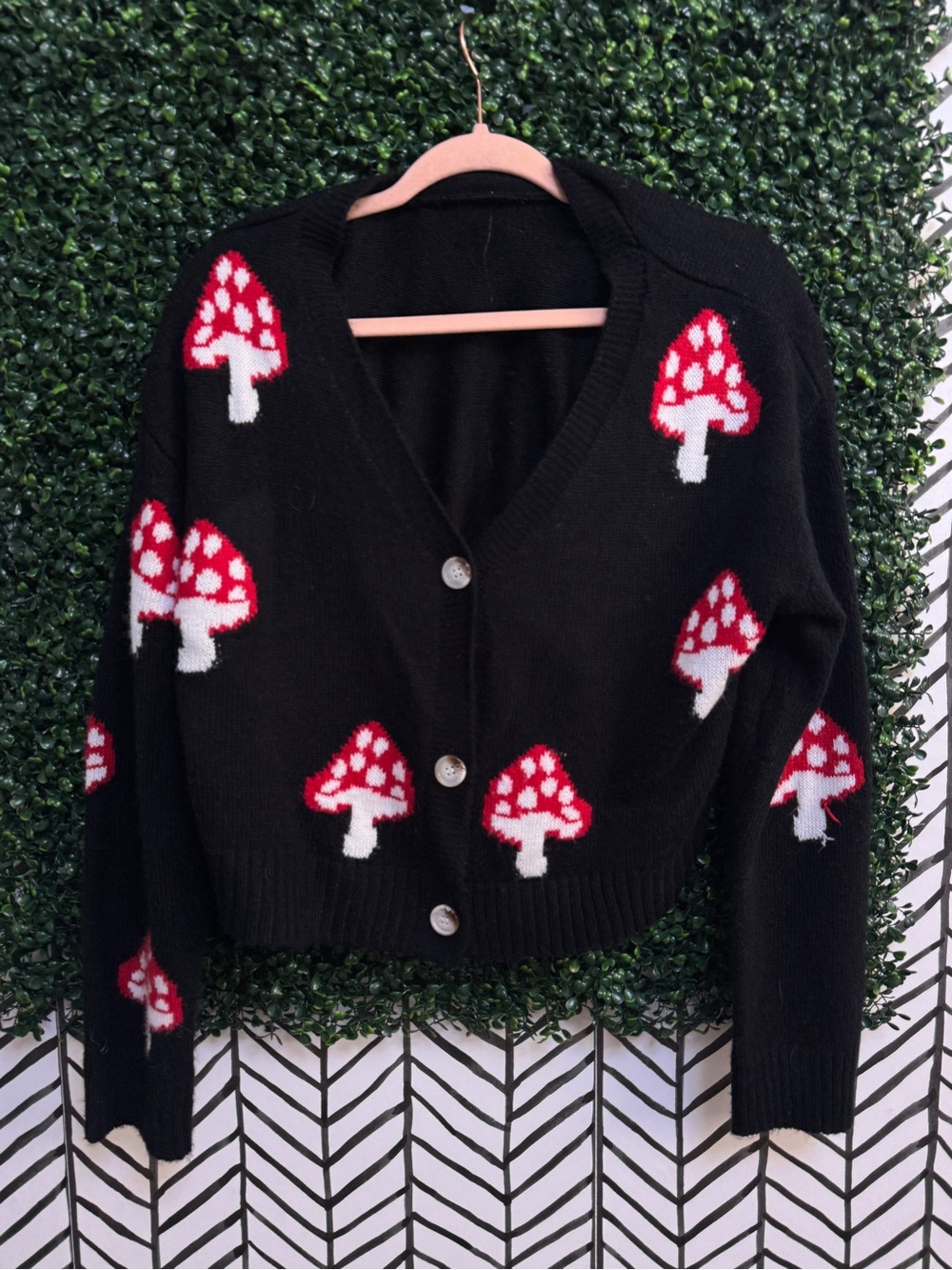 Source Unknown Black Cardigan with Red & White Mushroom Motif